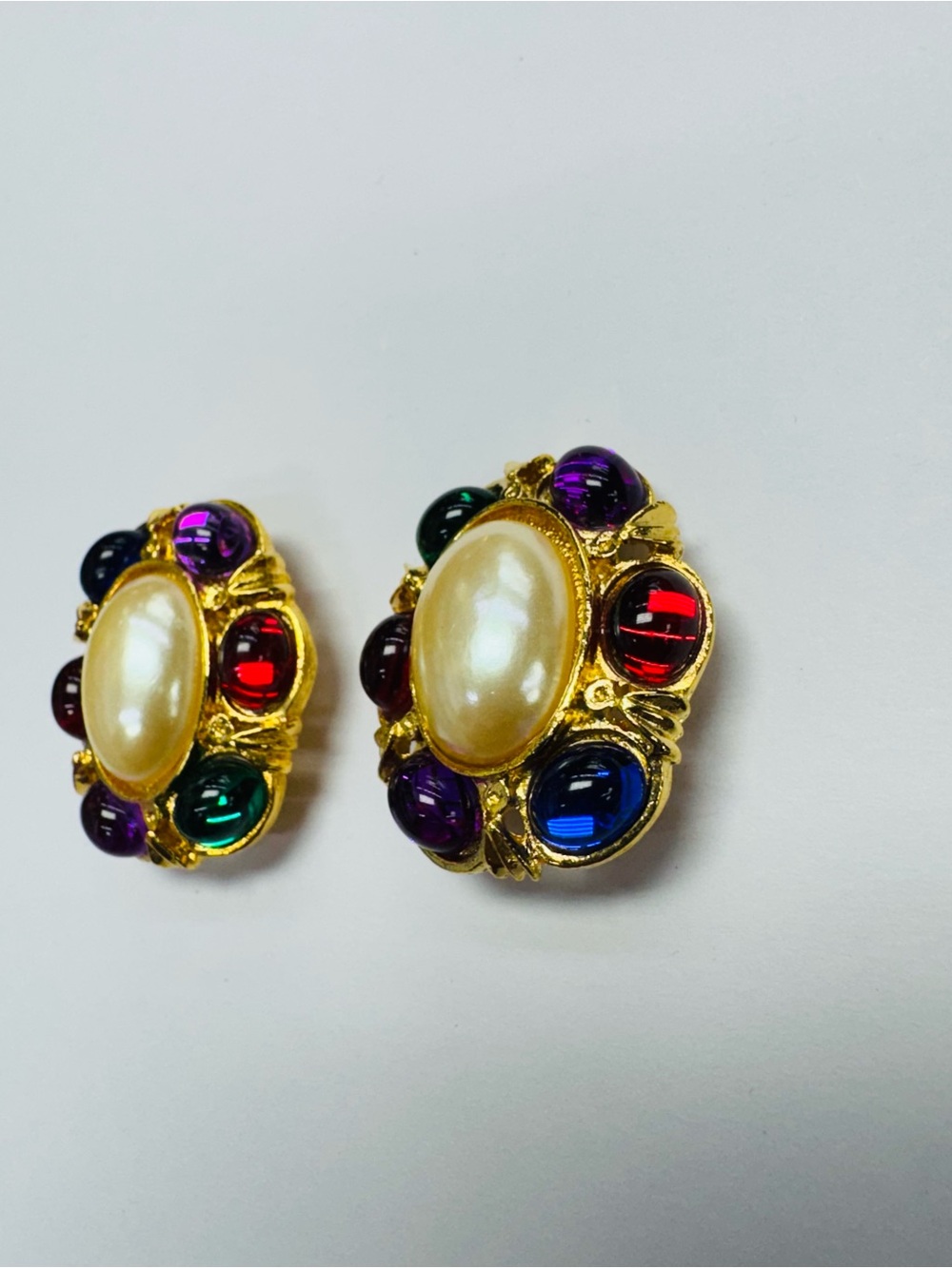 Vintage 80s Gold Tone Faux Pearl & Multi-Color Gripoix-Style Cabochon Earrings